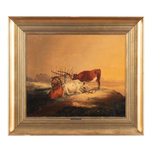 Original Oil on Canvas Landscape Painting of Cows and Cart, Circa 1870-90 For Sale