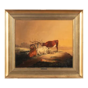 Original Oil on Canvas Landscape Painting of Cows and Cart, Circa 1870-90