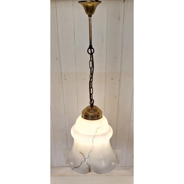 Vintage Brass Pendant with Grey Marbled White Glass Shade, 1970s For Sale - Image 3 of 7