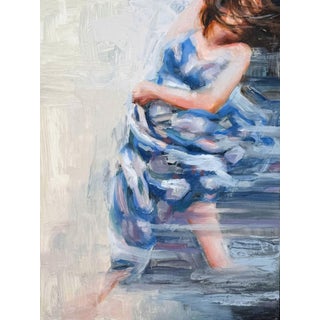 Sweet Struggle by Michelle Jader | Oil on board Figure of a woman in motion with flowing fabric. For Sale