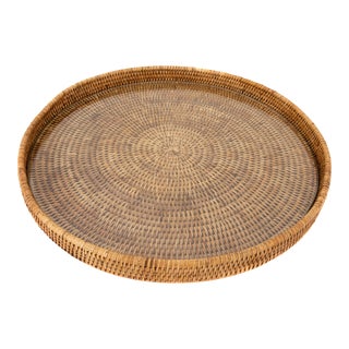 Artifacts Rattan Round Serving/Ottoman Tray with Glass Insert in Honey Brown -16" For Sale
