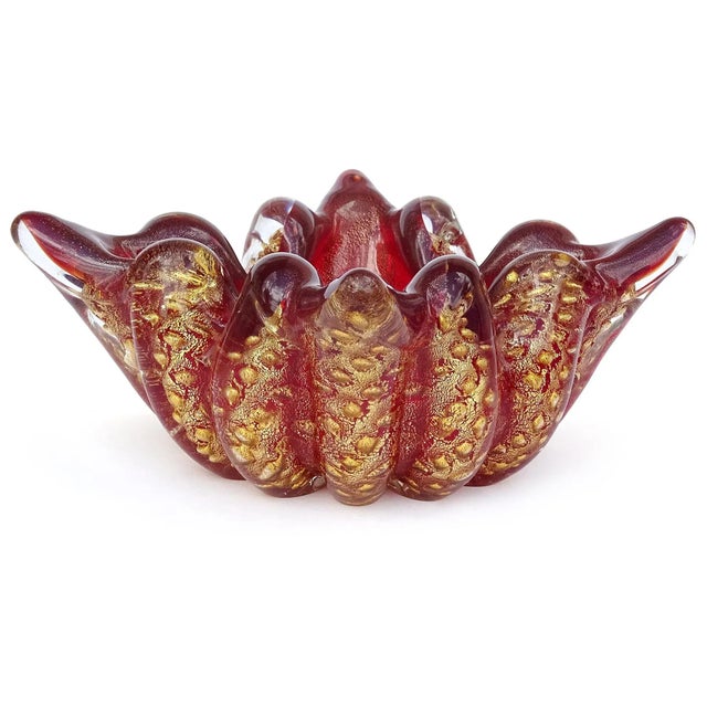 Barovier Toso Murano Vintage Deep Red Gold Flecks Spike Corners Italian Art Glass Mid Century Bowl For Sale In Orlando - Image 6 of 8