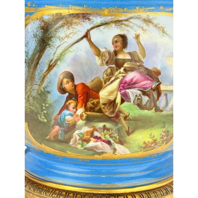 French 19th C. French Sevres-Style Porcelain Cachepot With Gilt Bronze Lion Mounts For Sale - Image 3 of 10