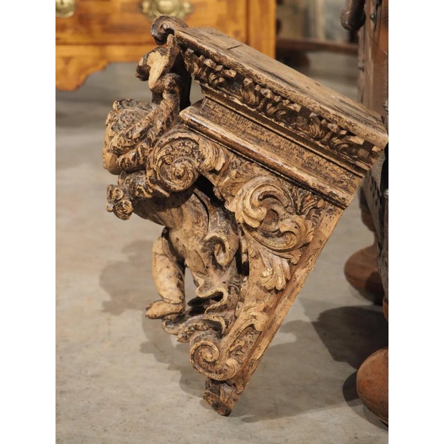 Wood Pair of Highly Carved Partially Stripped French Oak Cherub Brackets, C. 1850 For Sale - Image 7 of 12