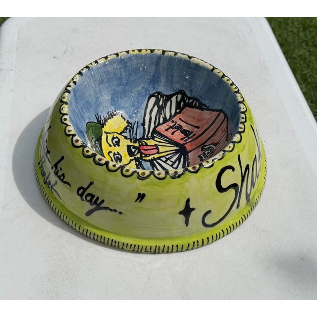 Ceramic Vintage Hand-Painted Folk Art Shakespeare Dog Bowl, Signed For Sale - Image 7 of 11