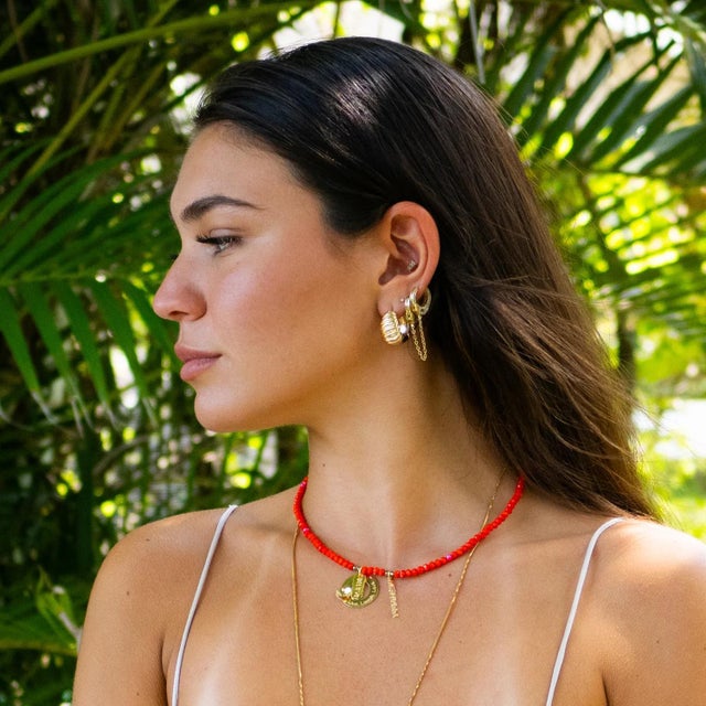 Believe & Be Happy Red Crystal Beaded Gold Choker Necklace For Sale - Image 12 of 13