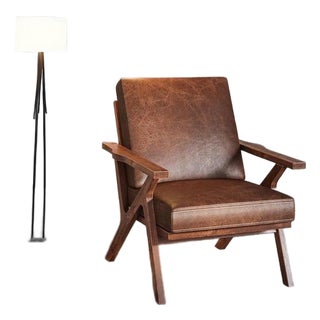 Accent Wooden Chair, Faux Leather Brown Chair, Mid-Century Modern Chair, Leather Armchair, Brown Reading Chair, Comfy Upholstered Grey Chair For Sale