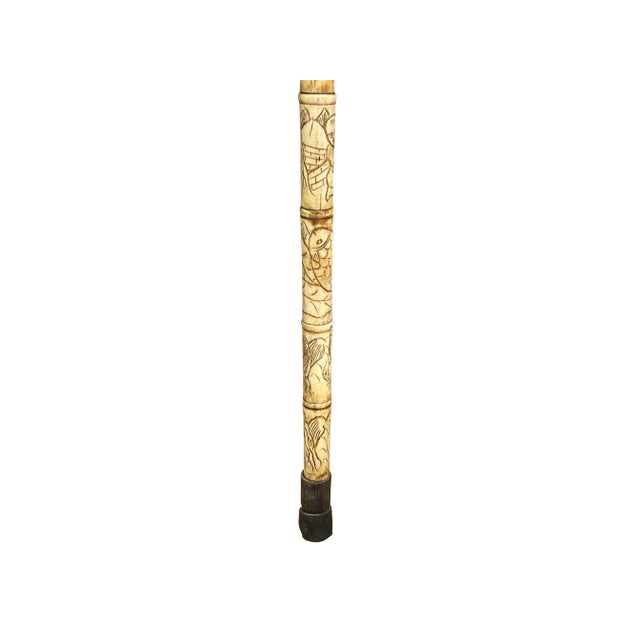 Tan Vintage Chinese Old Men Engraved Motif Bone Color Resin Inset Walking Stick For Sale - Image 8 of 12