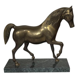 Vintage Mid Century Brass Prancing Horse on Marble Base For Sale