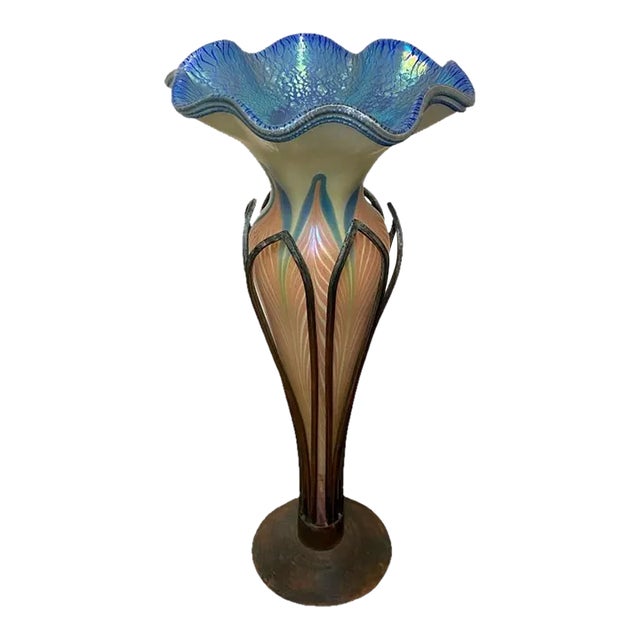Antique Tiffany Style Glass Vase Incased in Bronze For Sale