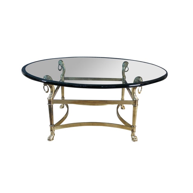 Modern Vintage Italian Regency Figural Brass Lion Head Round Glass Coffee Table 39" For Sale - Image 3 of 12