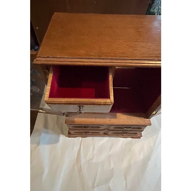 Large Vintage Jewelry Box Armoire Chest 16" Wood 2 Floral Rose Etched Glass Doors 5 Drawers Red Velvet Mirror Hooks Cottage Core For Sale - Image 9 of 10