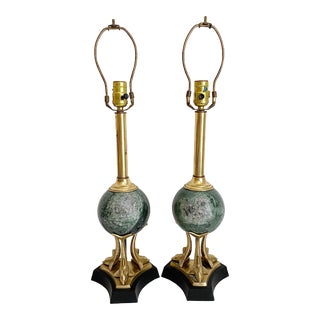 Mid-Century Dolphin Figural Solid Marble and Brass Lamps With Leather Bases - a Pair For Sale