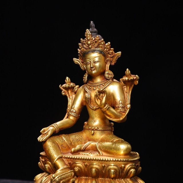 Traditional Vintage Gilt Bronze Green Tara Statue Buddhist Deity Sculpture 8.3" For Sale - Image 3 of 9