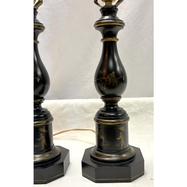 Vintage Wood Table Lamps With Gold Painted Chinoiserie Designs- A Pair For Sale In West Palm - Image 6 of 15