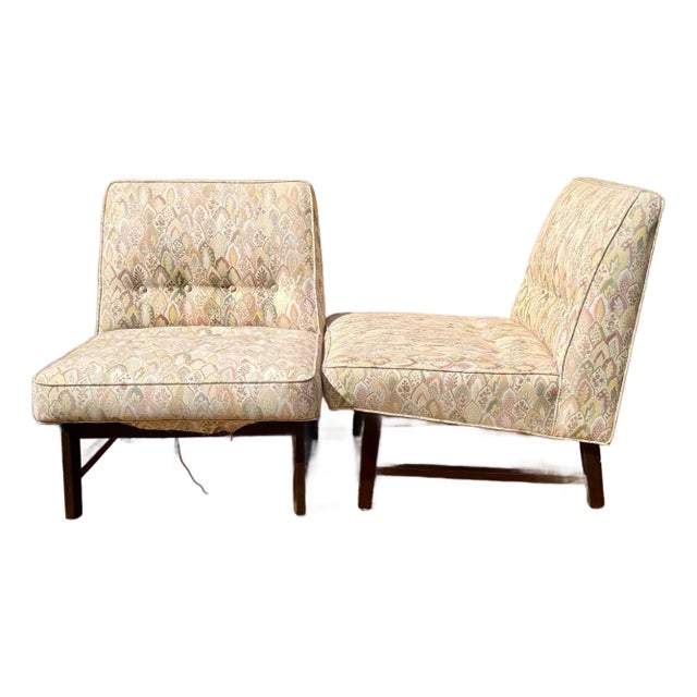 Pair Vintage Slipper Lounge Chairs Great Original Fabric Attributed to Edward Wormley for Dunbar For Sale