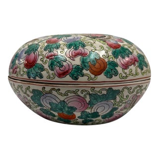 Vintage Large Chinese Hand-Painted Famille Rose Peach-Shaped Covered Porcelain Box For Sale