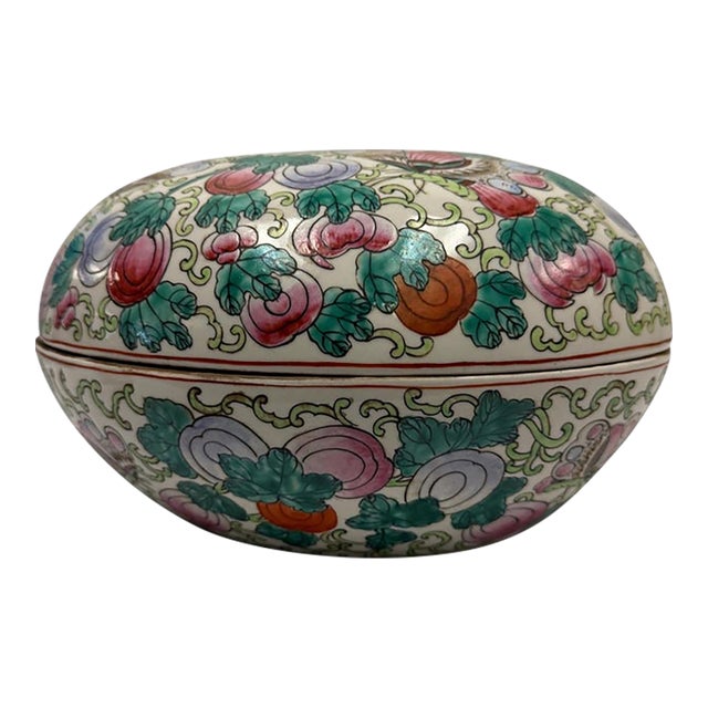 Vintage Large Chinese Hand-Painted Famille Rose Peach-Shaped Covered Porcelain Box For Sale