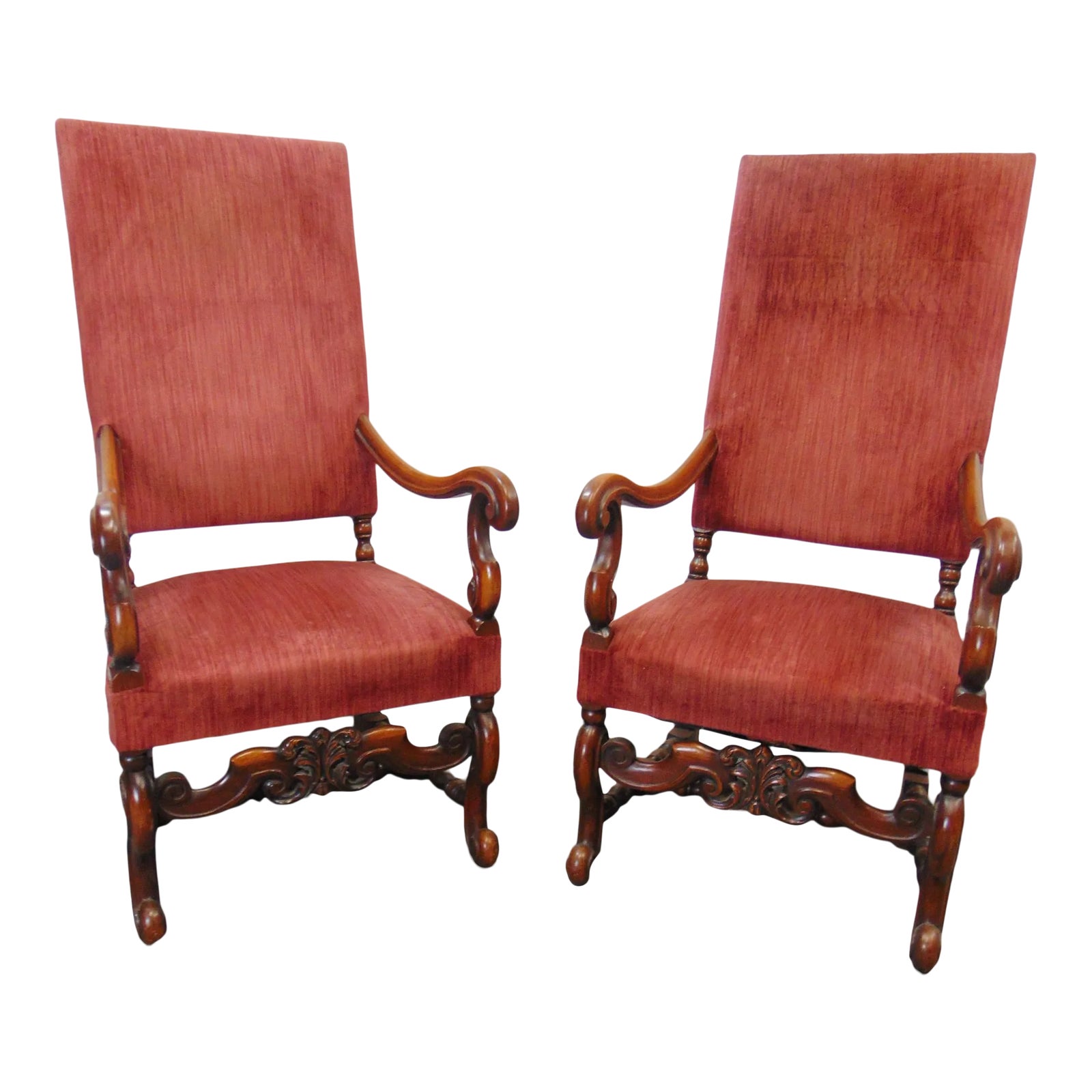 Jacobean Style Carved Walnut High Back Arm Chairs a Pair Chairish