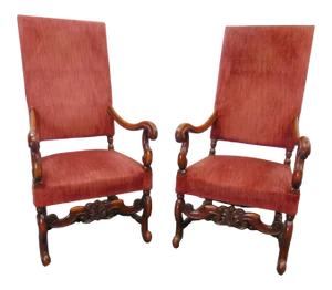 Jacobean Style Carved Walnut High Back Arm Chairs - a Pair