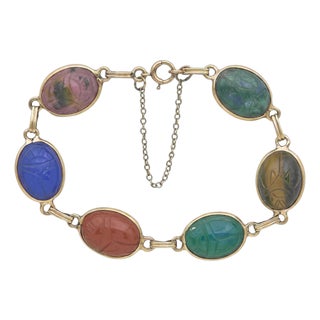 1960s 14k Yellow Gold Multi-Gemstone Intaglio Link Bracelet For Sale