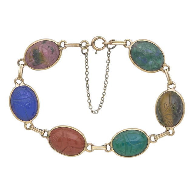 1960s 14k Yellow Gold Multi-Gemstone Intaglio Link Bracelet For Sale