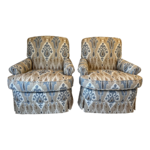 Newly Upholstered Pair of Odom Style Skirted Club Chairs in Bokhara Ikat Print