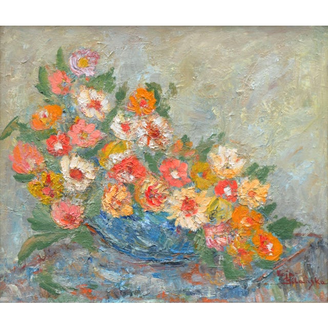 Wonderful mid century impressionist floral still life of zinnias by Polish artist Stefania Kaja-Bilanska (AKA, Bilania)...