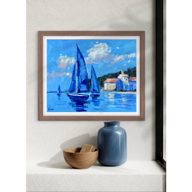 Contemporary Blue Harbor Morning, Modern Impressionist Oil Painting Seascape For Sale - Image 3 of 8