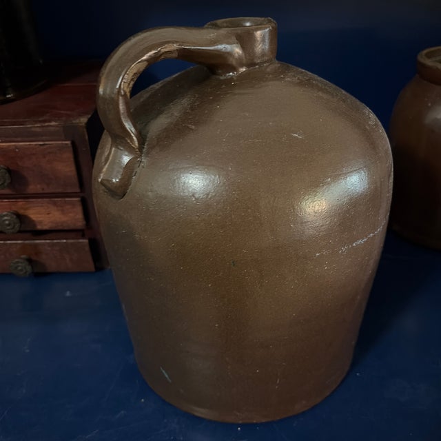 Brown Antique Salt Glaze Crock Jug W/Handle For Sale - Image 4 of 8