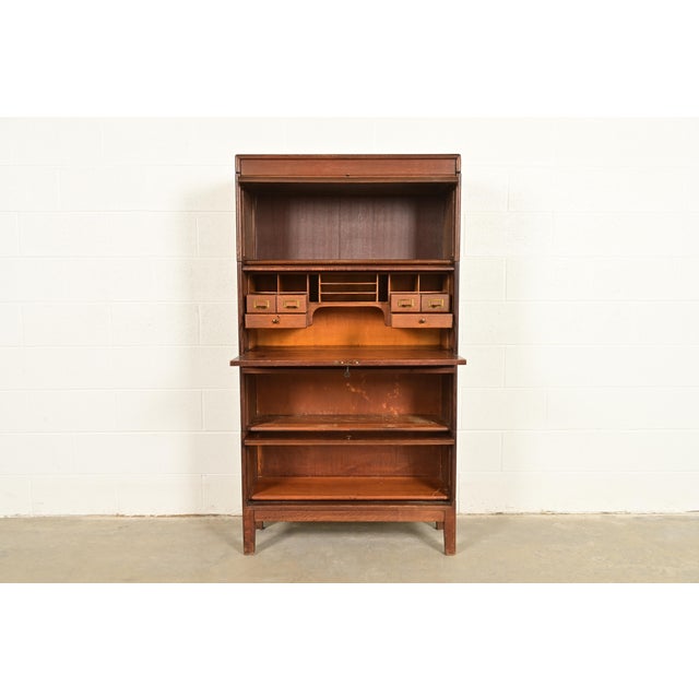 1920s Antique Mission Oak Arts & Crafts Barrister Bookcase With Drop Front Secretary Desk by Gunn, Circa 1920s For Sale - Image 5 of 14