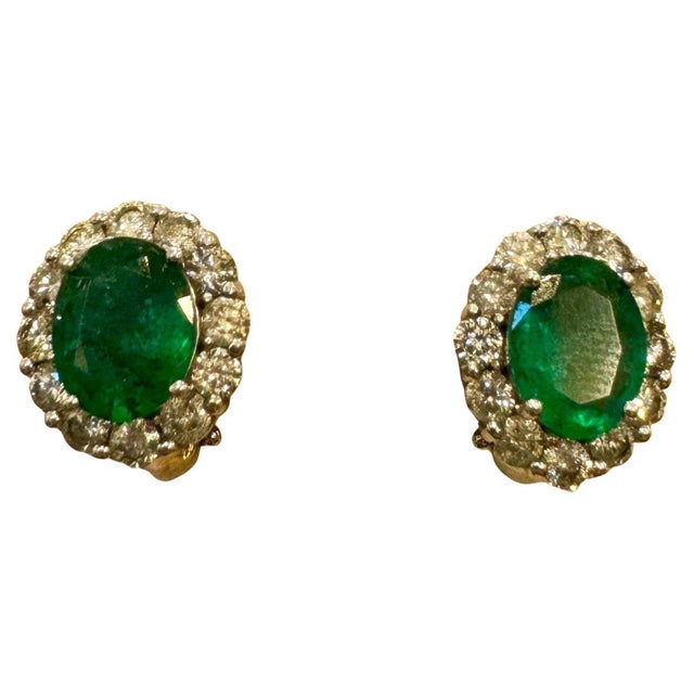 6 Carat Oval Shape Emerald & 2 Ct Diamond Post Back Earrings 14 Karat White Gold For Sale - Image 4 of 18