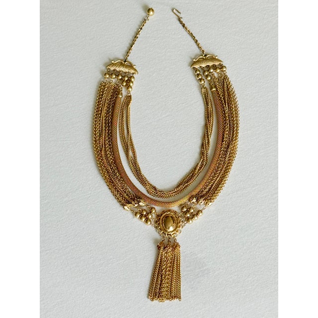 Metal Vintage 1970s Gold Tone Multi-Strand Tassel Bib Necklace, Etruscan Revival Style For Sale - Image 7 of 16
