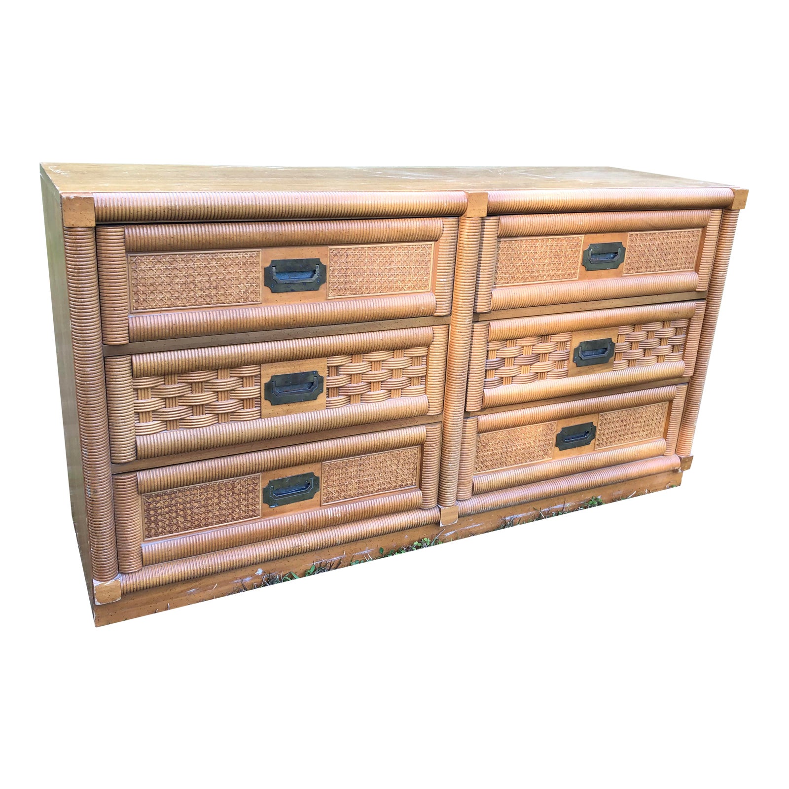 1970s Hollywood Regency Dixie Wicker Weave Campaign Lowboy Dresser