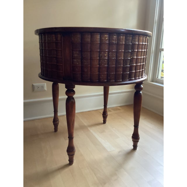 English Theodore Alexander Hand-Carved Vintage Wooden Drum Book Table For Sale - Image 3 of 14