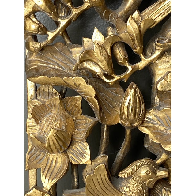 Lovely hand carved three dimensional gilt carving with two ducks in the water at base amongst Lotus and four birds above...