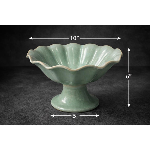 Celadon Vintage Mid-Century Celadon Scalloped Pedestal Compote Bowl — Console Centerpiece For Sale - Image 8 of 12