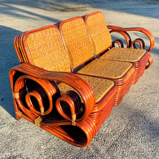 Vintage Coastal Scroll Rattan With Woven Rattan Seats 3 Piece Sofa For Sale - Image 4 of 12