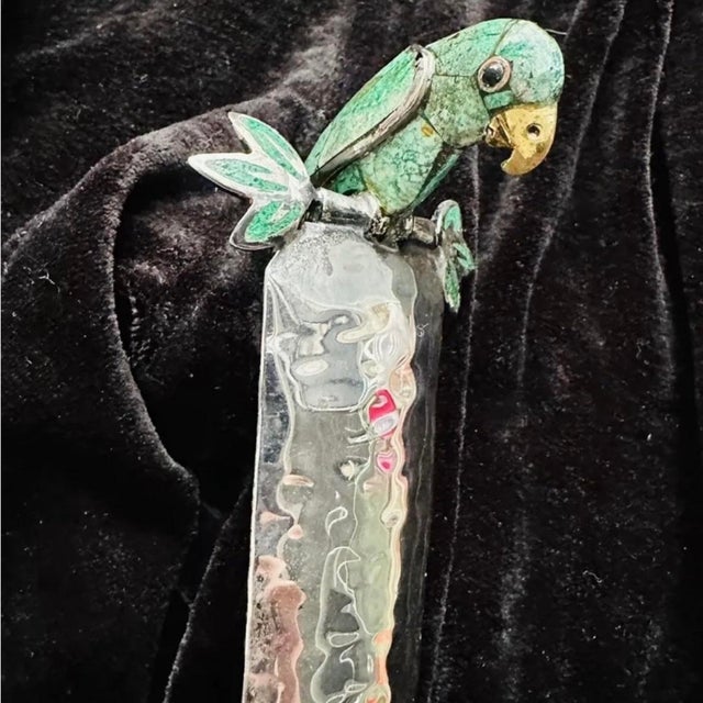 Mexican Vintage 90s Emilia Castillo Mexican Silver Plate Hammered Ladle Turquoise Parrot For Sale - Image 3 of 11