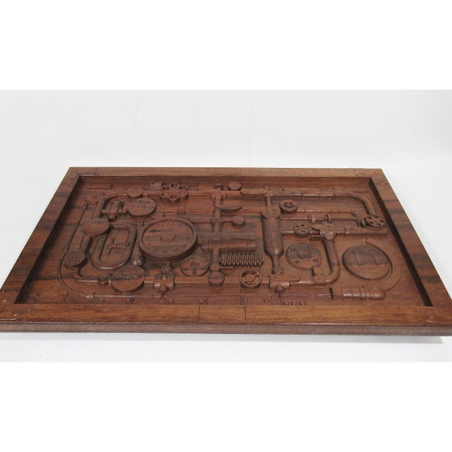 Wood Steampunk Industrial Pipes & Gears Carved Wood Relief Wall Panel 20"x12" For Sale - Image 7 of 10