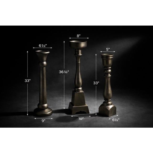 Monumental Sculptural Brass Floor Candlesticks, Set of 3 — Neoclassical Column Forms in Aged Sunlit Gold Finish (33”–36.5”) For Sale - Image 4 of 7