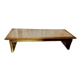 Vintage 1960s Gold Gilt Wood and Calacatta Marble Neoclassical Sled Coffee Table With Carved Fleur-De-Lis Design For Sale
