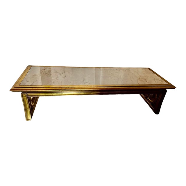 Vintage 1960s Gold Gilt Wood and Calacatta Marble Neoclassical Sled Coffee Table With Carved Fleur-De-Lis Design For Sale