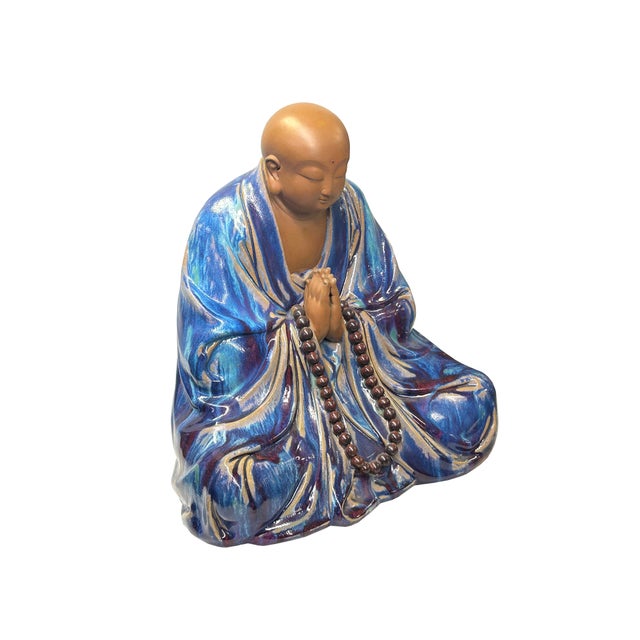 Cornflower Blue Fine Chinese Shiwan-Style Ceramic Luohan Amitabha in Deep Sea Glaze For Sale - Image 8 of 13