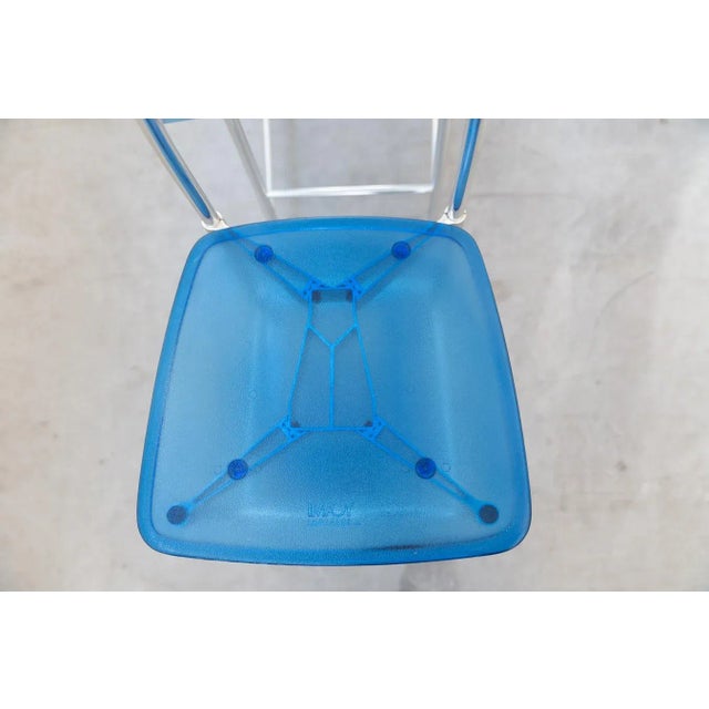 Ycami Italia chairs with frame in anodized aluminum and blue polycarbonate seat '80s This piece has an attribution mark, I...