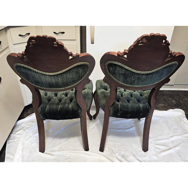Mid-Century Pelham, Shell & Leckie Victorian Revival Tufted Green Velvet Chairs - A Pair For Sale - Image 6 of 8