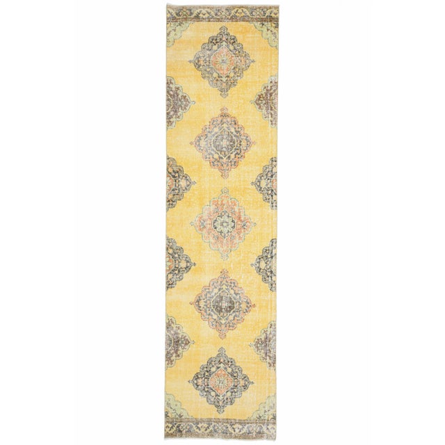 1970s Turkish Oushak Handmade Wool Cotton Yellow Runner For Sale - Image 11 of 11