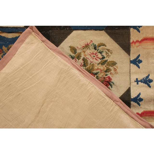 1920s Handmade Antique English Needlepoint Rug in Blue, Beige-Brown Floral Pattern For Sale - Image 5 of 6