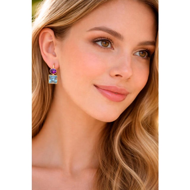 Metal Topaz and Amethyst Gold, Silver Earrings, A Pair For Sale - Image 7 of 8