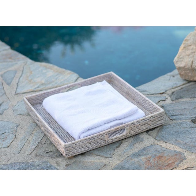 Artifacts Rattan Square Ottoman Tray with Cutout Handles in White Wash - 20" For Sale - Image 4 of 9